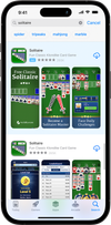 An iphone showing the App Store, search results for the term 'Solitaire' showing app screenshots in an add