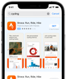 A close up of an iPhone screen showing an advert for the exercise tracking app Strava, tailored to people who are looking for a cycling app.