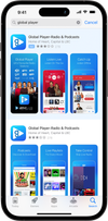A Apple Search Ad for Global Player showing screenshots of the app